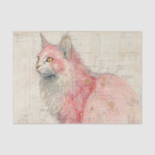 Papier Mousseline Pretty Pink Cat and Lines Illustrated on Parchment (Recto)