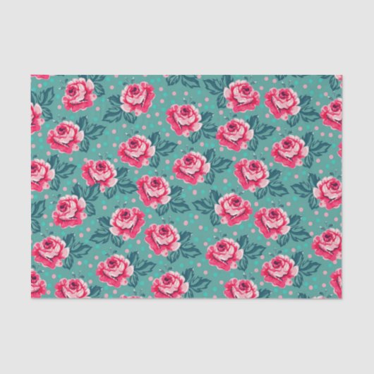 Papier Mousseline Pretty Pink Roses and Polka Dot Pattern on Teal (Recto)