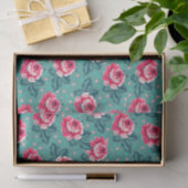 Papier Mousseline Pretty Pink Roses and Polka Dot Pattern on Teal (Cadeau)