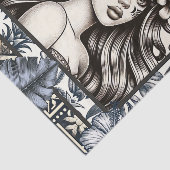 Papier Mousseline Princesse polynésienne Bleu Floral Tribal (Détail)