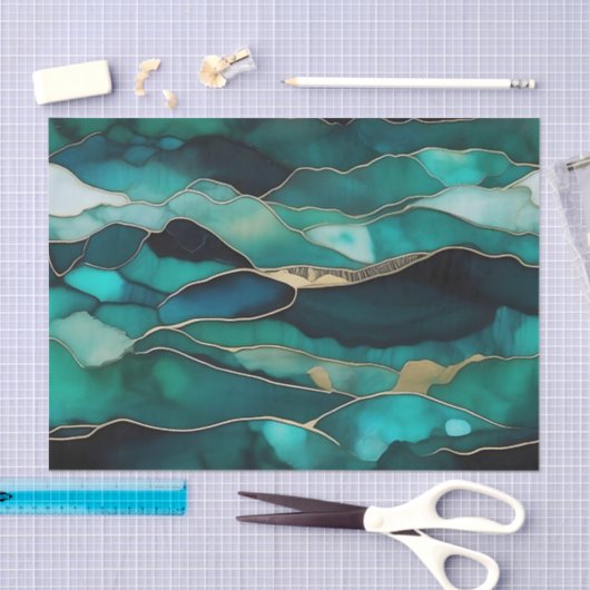 Papier Mousseline Profondeurs océaniques Encre Abstraite (Artisanat)