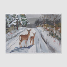 Promenade hivernale enneigée, biche et faon