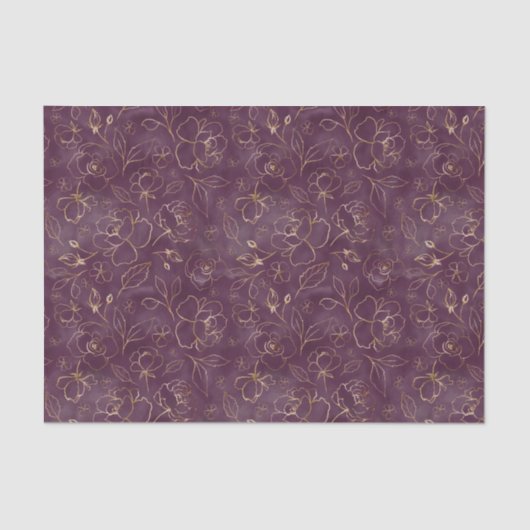 Papier Mousseline Purple foncé avec Rose croqués d'or papier de tiss (Recto)