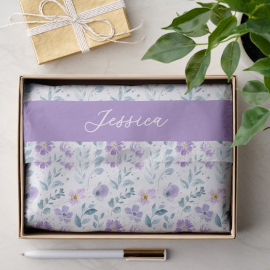 Papier Mousseline Purple Green Watercolor Wildflower Name (Cadeau)