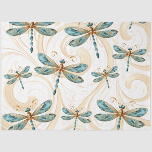 Papier Mousseline Quirky Dragonfly Motif en Aqua et Gold (Recto)