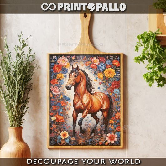 Papier Mousseline Rampant brown horse in flowers background