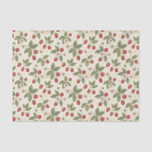 Papier Mousseline Raspberry Fruit Bunches with Leaves and Blossom (Recto)