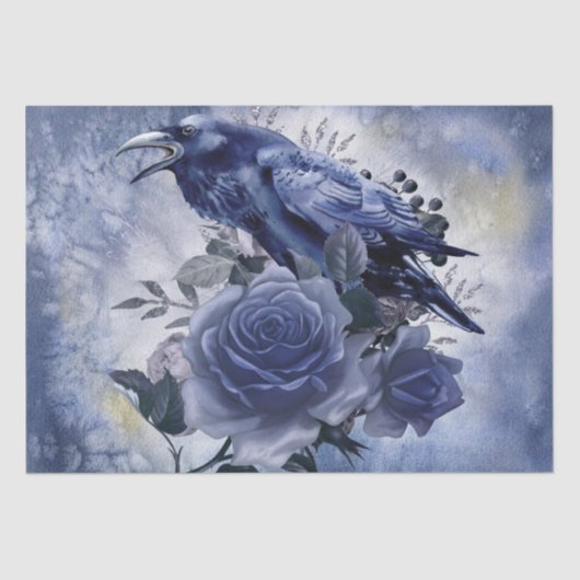 Papier Mousseline Raven Bird Blue Rose Whimsical Decoupage (Recto)