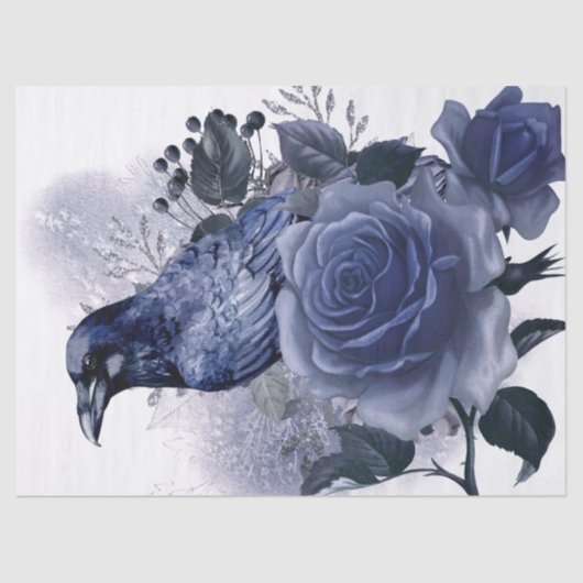 Papier Mousseline Raven Bird Blue Rose Whimsical Decoupage (Recto)