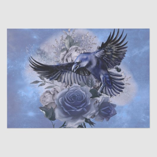Papier Mousseline Raven Bird Blue Rose Whimsical Decoupage (Recto)