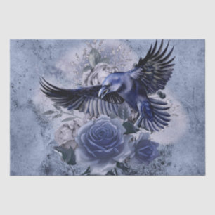 Papier Mousseline Raven Bird Blue Rose Whimsical Decoupage
