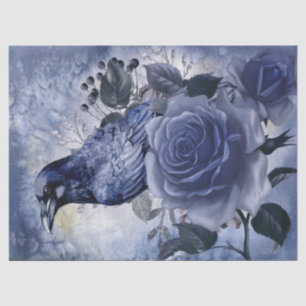 Papier Mousseline Raven Bird Blue Rose Whimsical Decoupage