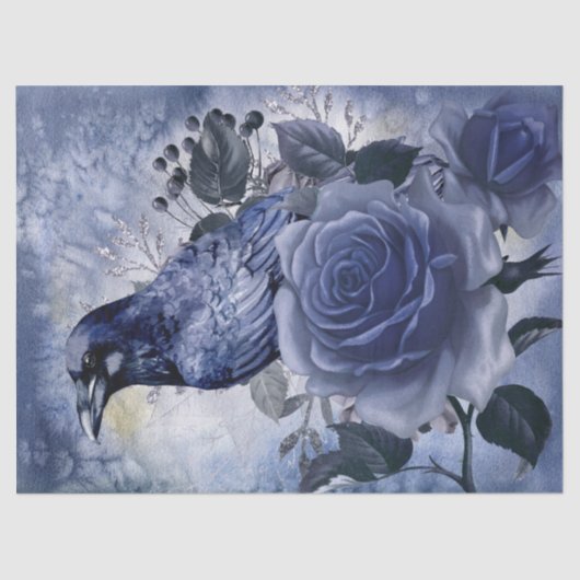 Papier Mousseline Raven Bird Blue Rose Whimsical Decoupage (Recto)