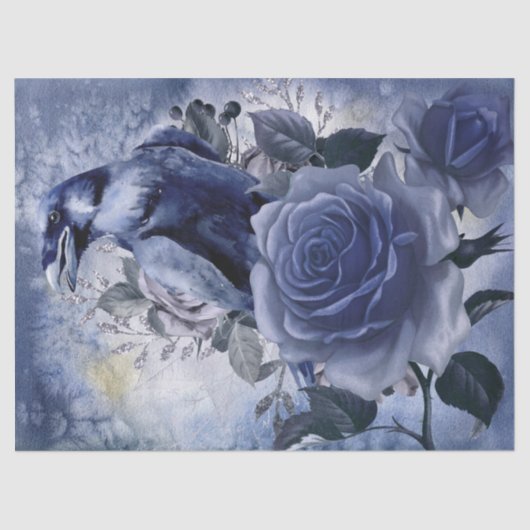 Papier Mousseline Raven Bird Blue Rose Whimsical Decoupage (Recto)