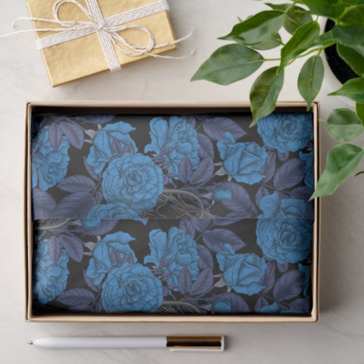Papier Mousseline Ravins et roses bleus (Cadeau)
