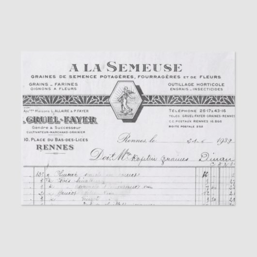 Papier Mousseline Réception vintage en français (Recto)