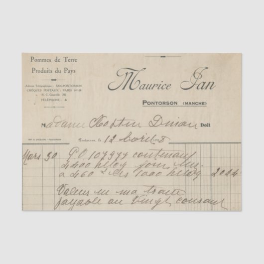 Papier Mousseline Réception vintage en français (Recto)