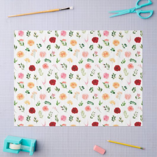 Papier Mousseline Red and Orange Flowers with Foliage Pattern (Artisanat)