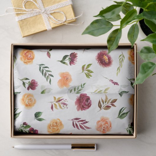 Papier Mousseline Red and Orange Flowers with Foliage Pattern (Cadeau)