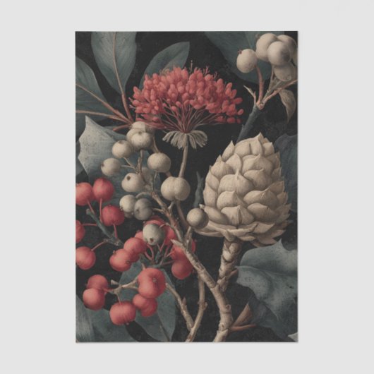 Papier Mousseline Red Berries and Exotic Seed Pods on Black (Recto)