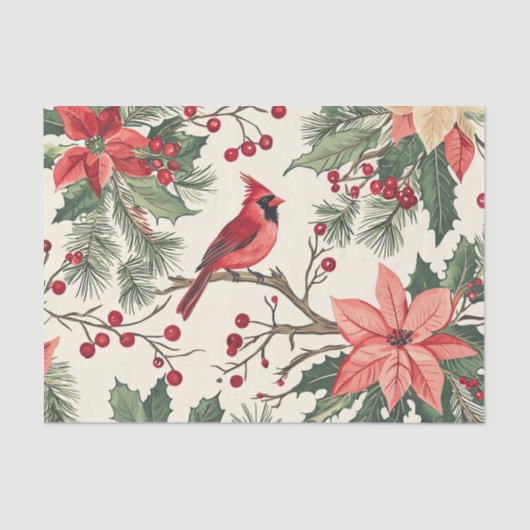 Papier Mousseline Red Cardinal on a Branch with Poinsettias (Recto)