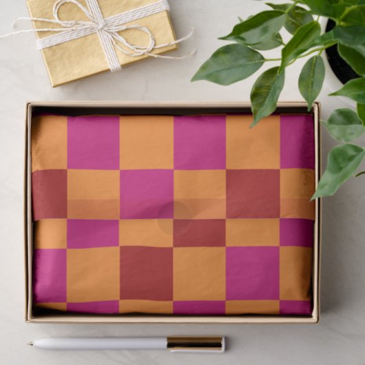 Papier Mousseline Red Orange Pink Checkered Pattern Design (Cadeau)
