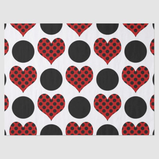 Papier Mousseline Red Polka Dot Hearts et Black Circles Motif (Recto)