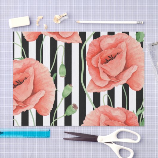 Papier Mousseline Red Poppies Black Stripes Chic (Artisanat)