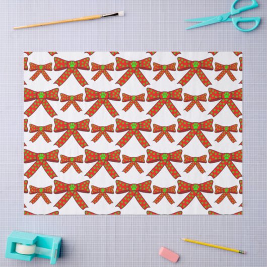 Papier Mousseline Red Ribbon Dog Paw Prints In Green Christmas (Artisanat)