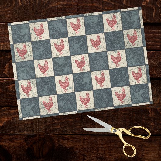 Papier Mousseline Red Rooster on Gray Black Checkerboard Farmhouse