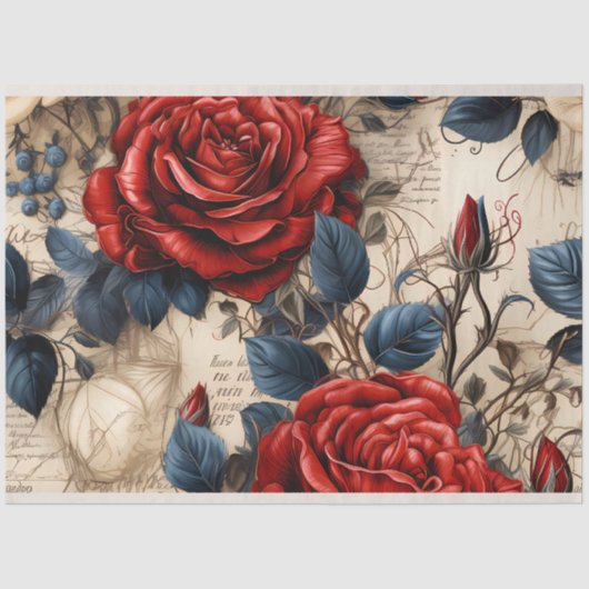 Papier Mousseline Red Roses Vintage Découpage Tissu papier (Recto)