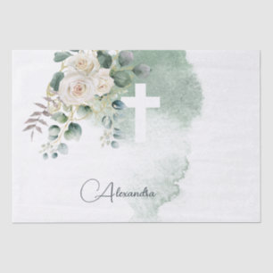 Papier Mousseline Religieux Elegant Rose Croix verte personnelle