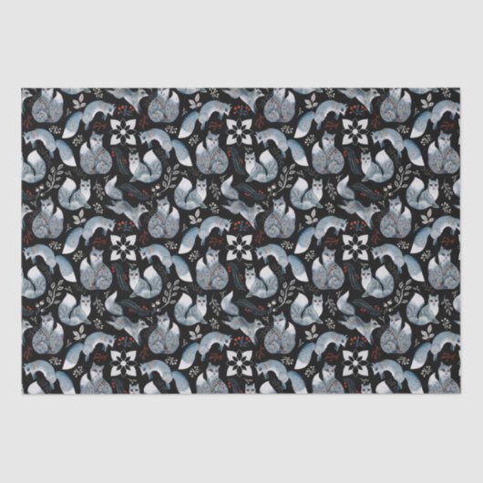Papier Mousseline Renard gris scandinave de Noël sur noir (Recto)