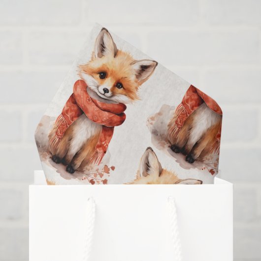 Papier Mousseline Renardeau Mignon avec un Motif d'Écharpe Rouge (Sac cadeau)