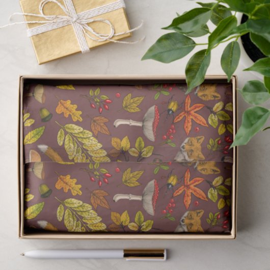 Papier Mousseline Renards d'automne sur chocolat brun (Cadeau)