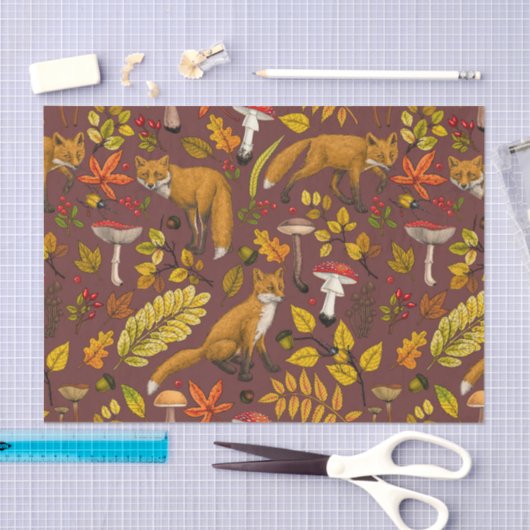 Papier Mousseline Renards d'automne sur chocolat brun (Artisanat)