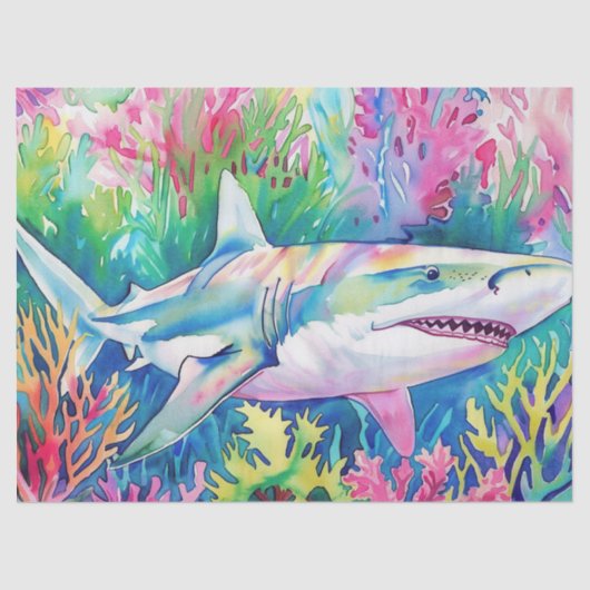 Papier Mousseline Requin Aquarelle Tropical Coloré (Recto)
