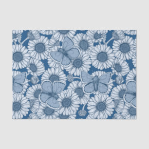 Papier Mousseline Ressort bleu, fleurs sauvages, marguerites