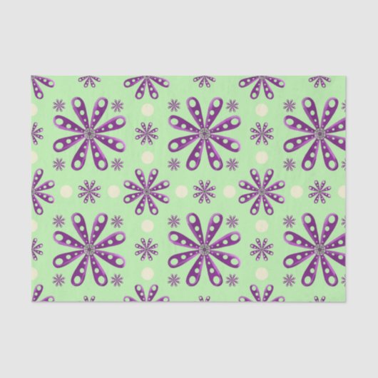 Papier Mousseline Retro Purple Flowers on Green Background (Recto)