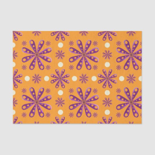 Papier Mousseline Retro Purple Flowers on Orange Background (Recto)