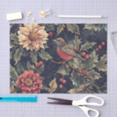 Papier Mousseline Robin Bird on a Holly Branch with Flowers (Artisanat)