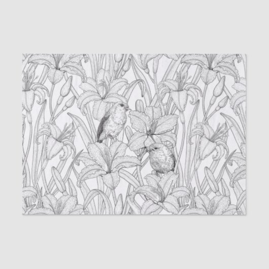 Papier Mousseline Robins et fleurs de lys, noir et blanc (Recto)