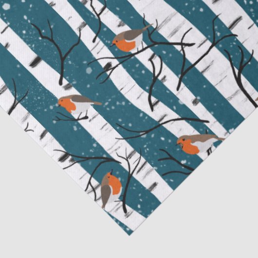 Papier Mousseline Robins européens sur bouleau d'argent dans la neig (Détail)