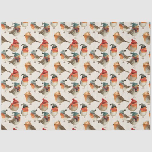Papier Mousseline Robins mignons en casquette et écharpes d'hiver (Recto)