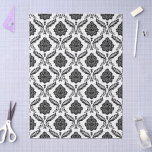 Papier Mousseline Rococo Damassé Répétition de Motif Noir sur Blanc