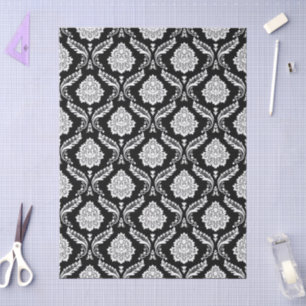 Papier Mousseline Rococo Damassé Répétition Motif Blanc sur Noir