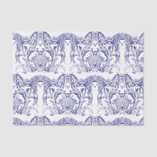 Papier Mousseline Rococo Motif baroque bleu et blanc (Recto)