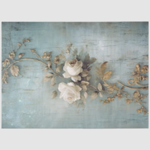 Papier Mousseline Romantique blanc roses or script ornement baroque
