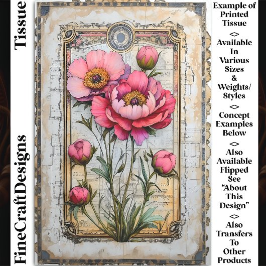 Papier Mousseline Romantique Vintage Pink Peonies DA1R Découpage