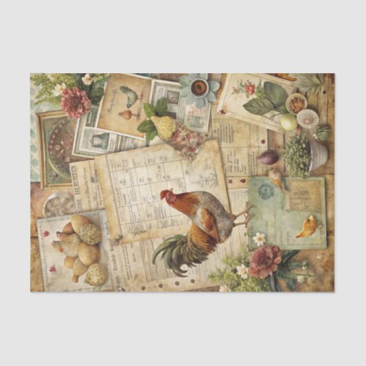 Papier Mousseline Rooster and Hen Vintage Illustrated Decoupage (Recto)